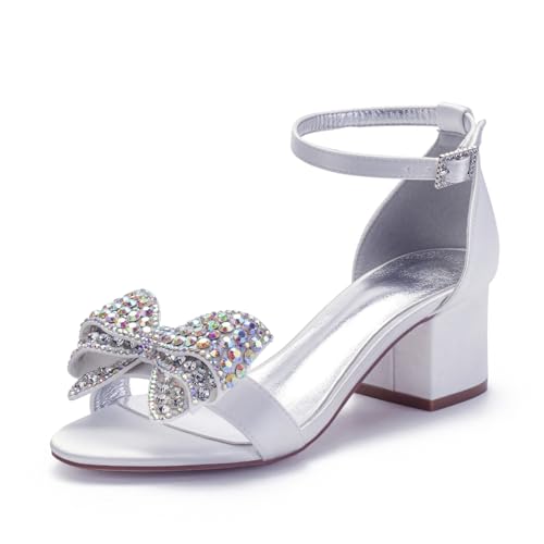Hochzeitsschuhe Damen Sandalen Elegant Low Chunky Heel Bridal Satin Prom Party Dress Pumps 5.5Cm,Weiß,36 EU von Generic