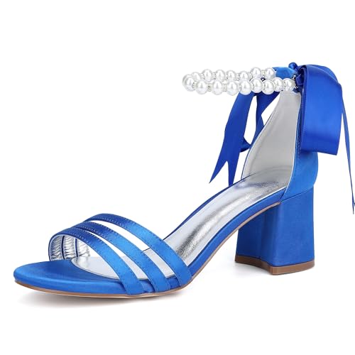 Hochzeitsschuhe Damen Sandalen Mit Hohen Absätzen Modische Sandalen Bridal Blockabsatz Offener Spitze Absatz 6.5Cm,Blau,37 EU von Generic