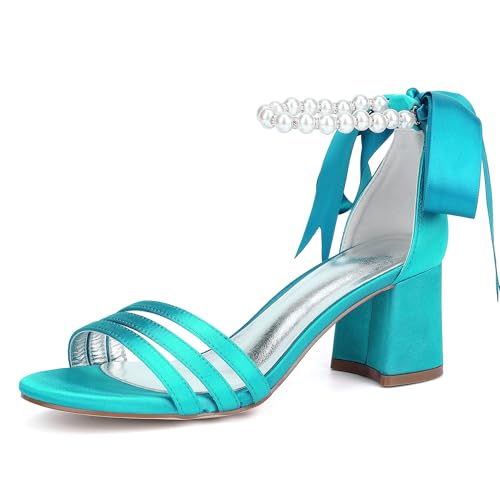 Hochzeitsschuhe Damen Sandalen Mit Hohen Absätzen Modische Sandalen Bridal Blockabsatz Offener Spitze Absatz 6.5Cm,Blue Green,38 EU von Generic
