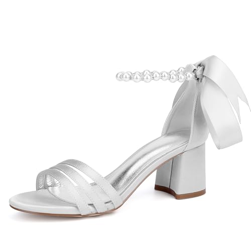 Hochzeitsschuhe Damen Sandalen Mit Hohen Absätzen Modische Sandalen Bridal Blockabsatz Offener Spitze Absatz 6.5Cm,Silber,40 EU von Generic