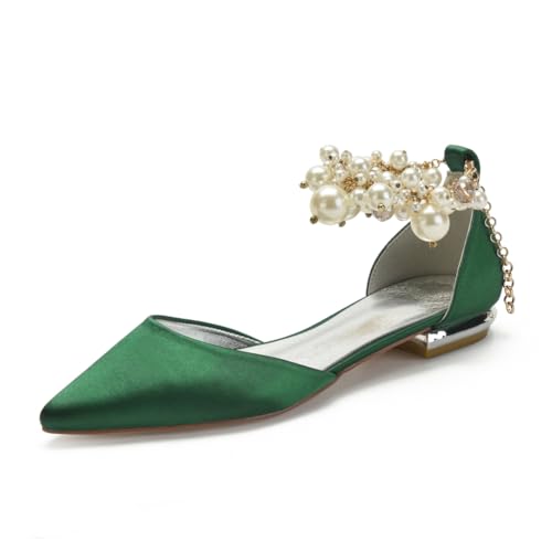 Hochzeitsschuhe Damen Satin Closed Ballerinas Brautschuhe Pointed Toe Partei Flache Schuhe 2Cm,Dark Green,36 EU von Generic