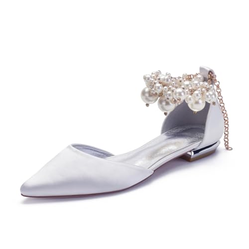 Hochzeitsschuhe Damen Satin Closed Ballerinas Brautschuhe Pointed Toe Partei Flache Schuhe 2Cm,Weiß,43 EU von Generic