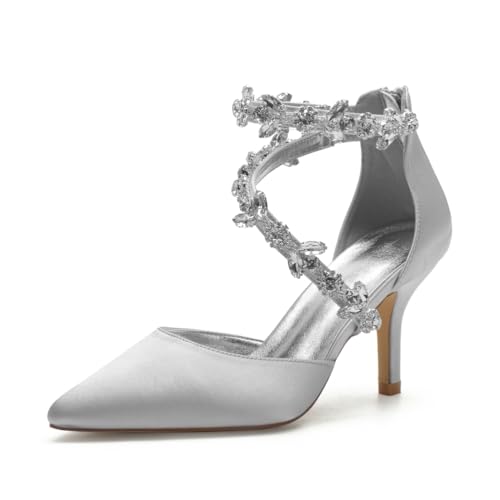 Hochzeitsschuhe Damen Satinoptik Pointed Toe Heel Bridal Stiletto High Heels Brautschuhe Partei Abendschuhe 8Cm,Silber,36 EU von Generic