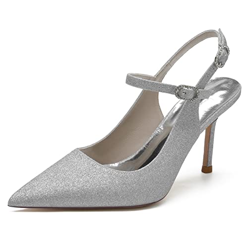 Hochzeitsschuhe Damen Sexy Pointed Toe Slingback Sandalen Brautschuhe Stiletto Party Abendschuhe 8.5Cm,Silber,37 EU von Generic