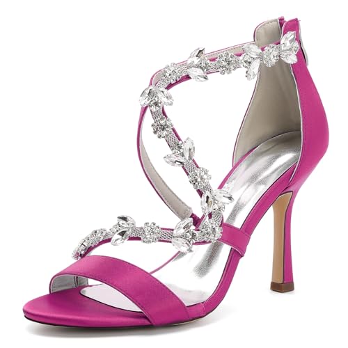 Hochzeitsschuhe Damen Sommer Offene Spitze Stiletto Sandalen Satin Bridal Dress High Heels 9,5 cm,Rose red,36 EU von Generic
