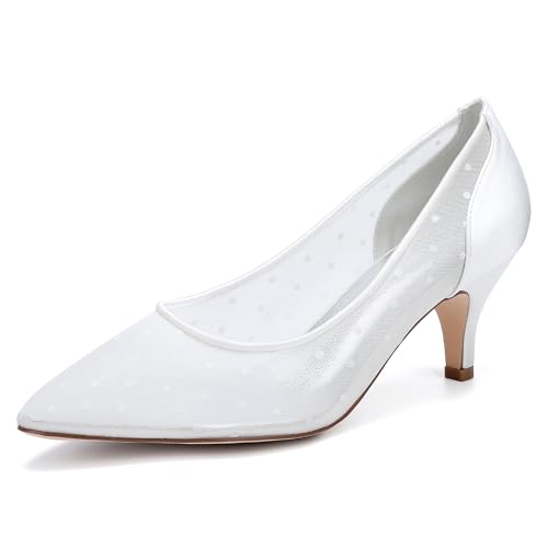Hochzeitsschuhe Damen Spitz Sandalen Heel Bridal Stiletto Heel Satin Prom Party Dress Pumps 6Cm,Elfenbein,37 EU von Generic
