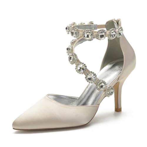 Hochzeitsschuhe Damen Spitz Zehen Brautschuhe Satinoptik High Heels Bridal Pfennigabsatz Partei Abendschuhe 8Cm,Champagne,42 EU von Generic