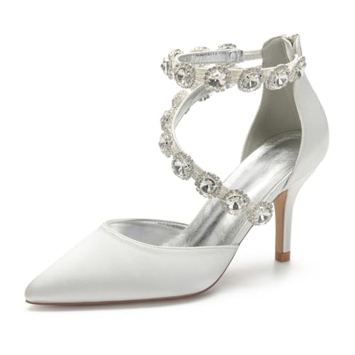 Hochzeitsschuhe Damen Spitz Zehen Brautschuhe Satinoptik High Heels Bridal Pfennigabsatz Partei Abendschuhe 8Cm,Elfenbein,36 EU von Generic
