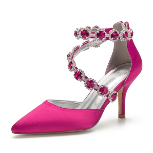 Hochzeitsschuhe Damen Spitz Zehen Brautschuhe Satinoptik High Heels Bridal Pfennigabsatz Partei Abendschuhe 8Cm,Rose red,41 EU von Generic