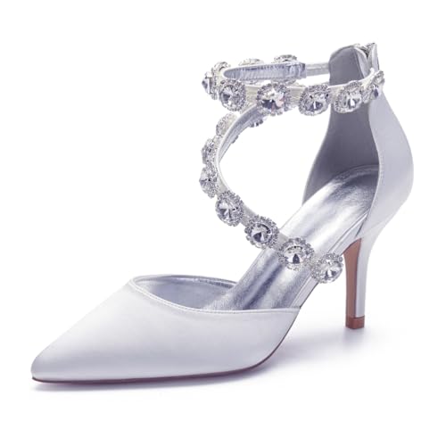 Hochzeitsschuhe Damen Spitz Zehen Brautschuhe Satinoptik High Heels Bridal Pfennigabsatz Partei Abendschuhe 8Cm,Weiß,36 EU von Generic
