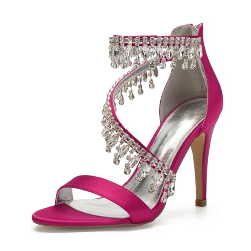 Hochzeitsschuhe Damen Stiletto Bridal High Heel Sandalen Peep Offene Zehenkappe Knöchelriemen Hochzeitsfeier 10.5 cm Absätze,Rose red,42 EU von Generic