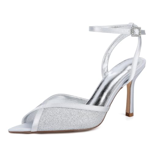 Hochzeitsschuhe Damen Stiletto Sandalen Bridal Stiletto High Heels Für Formale Prom Party Kleid 9Cm,Silber,41 EU von Generic