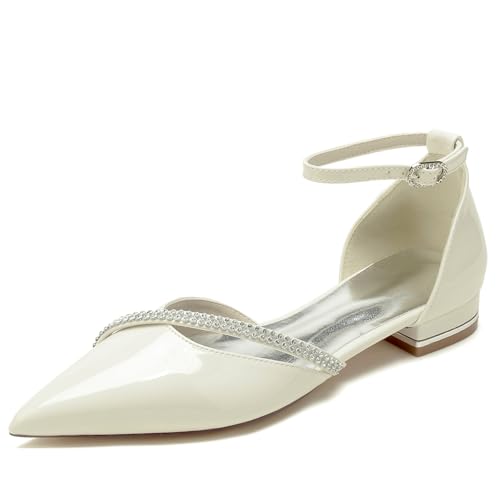 Hochzeitsschuhe Damen Strass Flach Braut Spitz Flache Damenschuhe Mit Knöchelriemen, Eleganter Arbeit Flache Schuhe 2.5Cm,Off White,38 EU von Generic