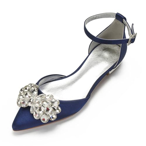 Hochzeitsschuhe Damen Strass Flache Schuhe Knöchelriemchen Elegantes Pointed Toe Bridal Party Dress Flache Schuhe 1.5Cm,Dark Blue,40 EU von Generic
