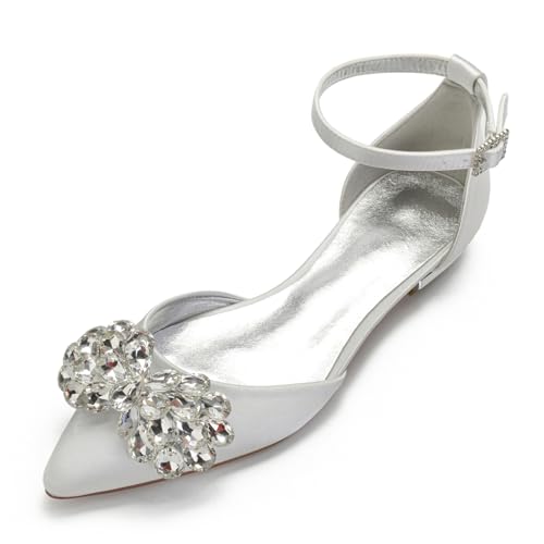Hochzeitsschuhe Damen Strass Flache Schuhe Knöchelriemchen Elegantes Pointed Toe Bridal Party Dress Flache Schuhe 1.5Cm,Elfenbein,38 EU von Generic