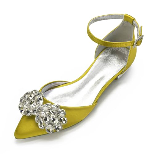 Hochzeitsschuhe Damen Strass Flache Schuhe Knöchelriemchen Elegantes Pointed Toe Bridal Party Dress Flache Schuhe 1.5Cm,Gelb,41 EU von Generic