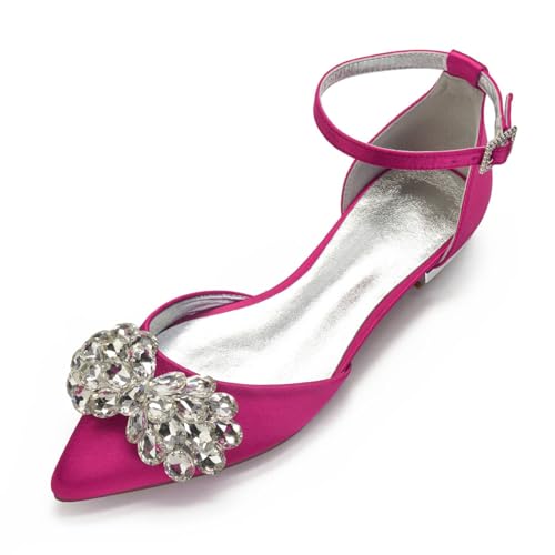 Hochzeitsschuhe Damen Strass Flache Schuhe Knöchelriemchen Elegantes Pointed Toe Bridal Party Dress Flache Schuhe 1.5Cm,Rose red,41 EU von Generic