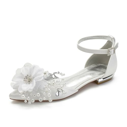 Hochzeitsschuhe Flache Satinschuhe Closed Toe Flats Hochzeit Bridal Party Abendschuhe Pointed Toe Brautschuhe 2Cm,Elfenbein,39 EU von Generic