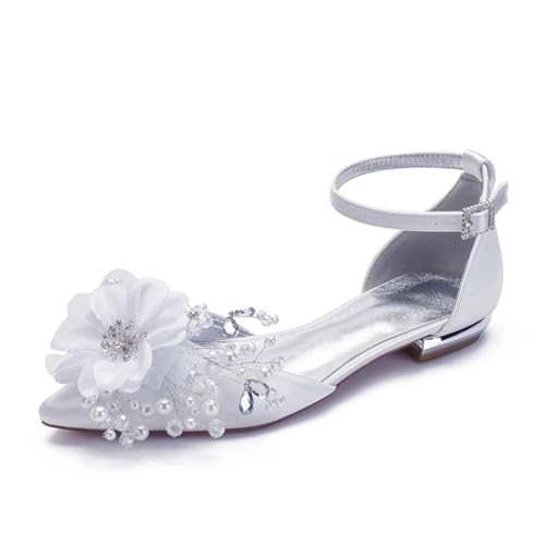 Hochzeitsschuhe Flache Satinschuhe Closed Toe Flats Hochzeit Bridal Party Abendschuhe Pointed Toe Brautschuhe 2Cm,Weiß,38 EU von Generic