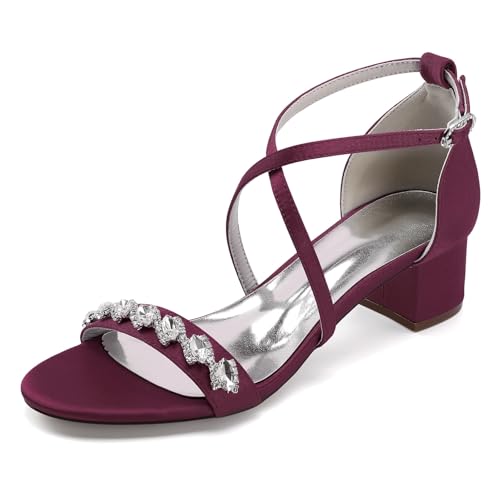 Hochzeitsschuhe Heels Sandalen Damen Bridal Low Heel Peep Toe Chunky Satin Prom Party Dress Heels 4.5Cm,Wine red,35 EU von Generic