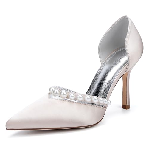 Hochzeitsschuhe Klassische Damenpumps Stiletto Absätzen Pointed Toe Bridal Stiletto Arbeitsschuhe 9Cm Für Dress Party,Champagne,39 EU von Generic