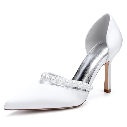 Hochzeitsschuhe Klassische Damenpumps Stiletto Absätzen Pointed Toe Bridal Stiletto Arbeitsschuhe 9Cm Für Dress Party,Elfenbein,42 EU von Generic