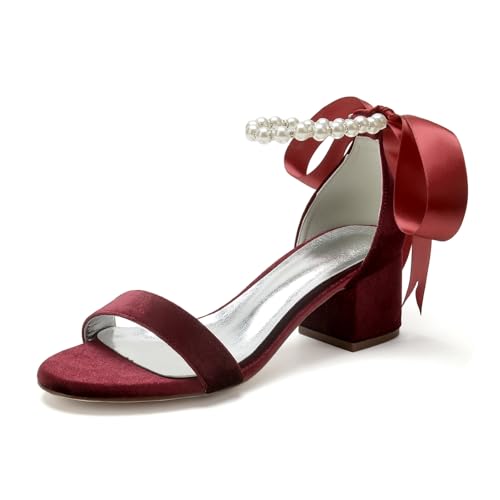 Hochzeitsschuhe Klassische Sandalen Damen Absatz Hochzeit Pumps Elegant Bridal Peep Toe Chunky Heeled Sandals5.5Cm,Wine red,38 EU von Generic