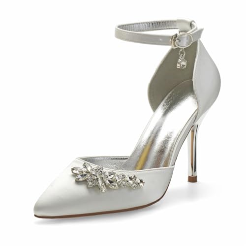 Hochzeitsschuhe Pumps Damen Satin High Heels Pointed Toe Bridal Stiletto High Heels Partei Abendschuhe Pumps 9Cm Brautschuhe,Elfenbein,37 EU von Generic