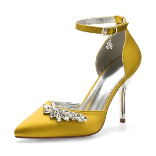 Hochzeitsschuhe Pumps Damen Satin High Heels Pointed Toe Bridal Stiletto High Heels Partei Abendschuhe Pumps 9Cm Brautschuhe,Gelb,40 EU von Generic