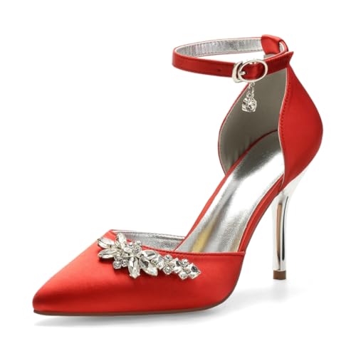 Hochzeitsschuhe Pumps Damen Satin High Heels Pointed Toe Bridal Stiletto High Heels Partei Abendschuhe Pumps 9Cm Brautschuhe,Rot,35 EU von Generic