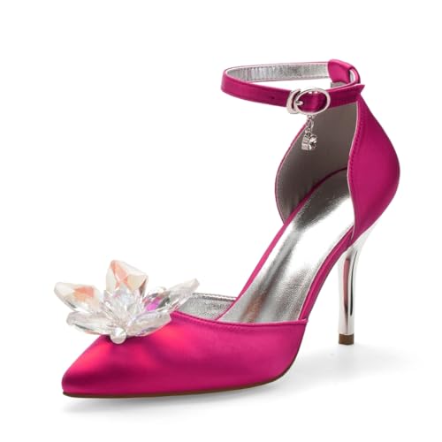 Hochzeitsschuhe Satin Stiletto Absatz Damen Bridal Pointed Toe High Heels Prom Party Dress Pumps 9Cm,Rose red,41 EU von Generic
