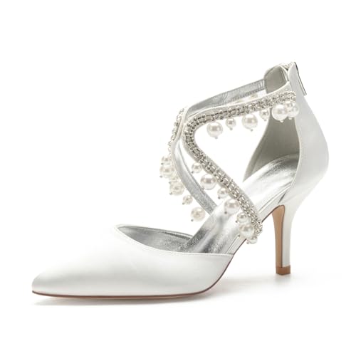 Hochzeitsschuhe Satin Stiletto Damen High Heel Schuhe Strass Spitz Zehen Brautschuhe Prom Party Dress Pumps 8Cm,Elfenbein,41 EU von Generic