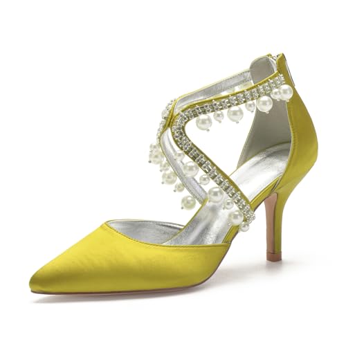 Hochzeitsschuhe Satin Stiletto Damen High Heel Schuhe Strass Spitz Zehen Brautschuhe Prom Party Dress Pumps 8Cm,Gelb,38 EU von Generic