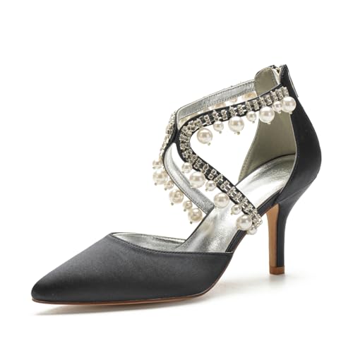 Hochzeitsschuhe Satin Stiletto Damen High Heel Schuhe Strass Spitz Zehen Brautschuhe Prom Party Dress Pumps 8Cm,Schwarz,39 EU von Generic