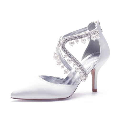 Hochzeitsschuhe Satin Stiletto Damen High Heel Schuhe Strass Spitz Zehen Brautschuhe Prom Party Dress Pumps 8Cm,Weiß,36 EU von Generic