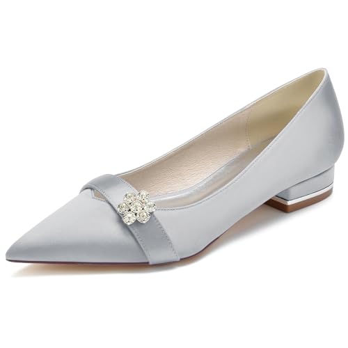 Hochzeitsschuhe Slip-on Brautjungfern Abschlussball Sandalen Abend Verlobung Spitz Abend mit Stras Damen Flache Schuhe,Silber,40 EU von Generic