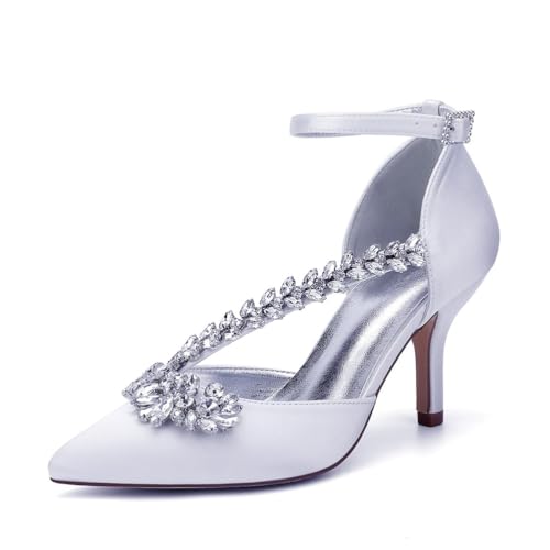 Hochzeitsschuhe Stiletto High Heel Pumps High Spitze Zehen Abendschuhe Für Party Satin Brautschuhe 8Cm,Weiß,39 EU von Generic