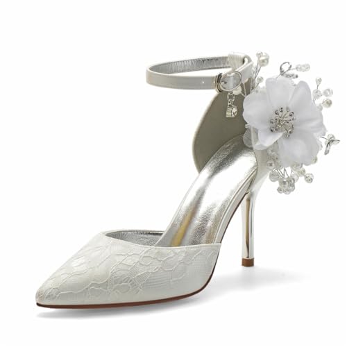 Hochzeitsschuhehigh Heel Damen 9 cm Spitzen Stiletto Geschlossene Pointed Toe Kleid Bridal High Heels Für Party, Hochzeit, Prom,Elfenbein,42 EU von Generic
