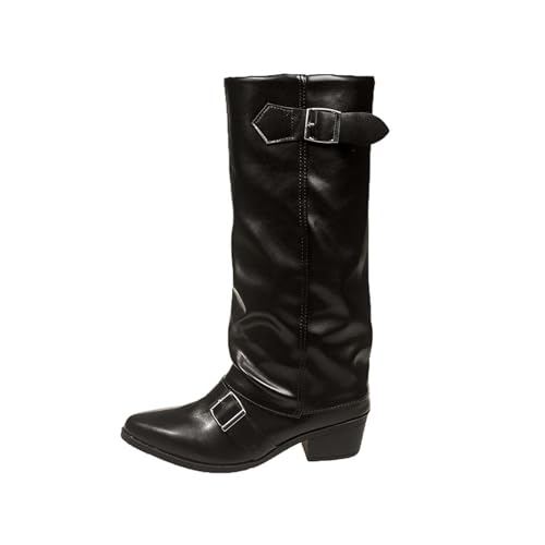 Hohe Stiefel Slouch Block Heels Dressy Kniestiefel Halbhöhe Spitze Zehen Klobig Absatz Stiefel High Heel Boots Slouch Boots (Black, 41) von Generic