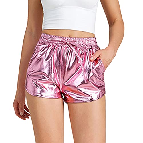 Hohe Taille Shorts Frauen Rüschen Trim Glitzer Metallic Party Clubwear Shorts Casual Sommer Punk Skiny Glitzernde Hotpants Bikershorts Damen, Z0418a-pink, 42 von Generic