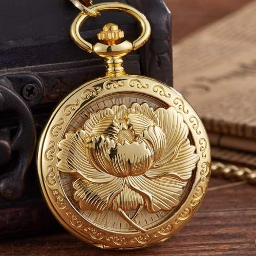 Hohle Blumen-Gravur, mechanische Taschenuhr, Elegantes Klappgehäuse, Anhänger, Kette, Uhr, Handaufzug, Vintage-Uhren für Männer und Frauen, Geschenke (Gold) von Generic