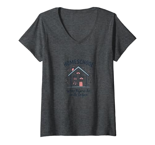 Homeschool Mom: Pyjamas Are The Uniform Lustiges Zitat T-Shirt mit V-Ausschnitt, Damen, Anthrazit Meliert, L von Generic