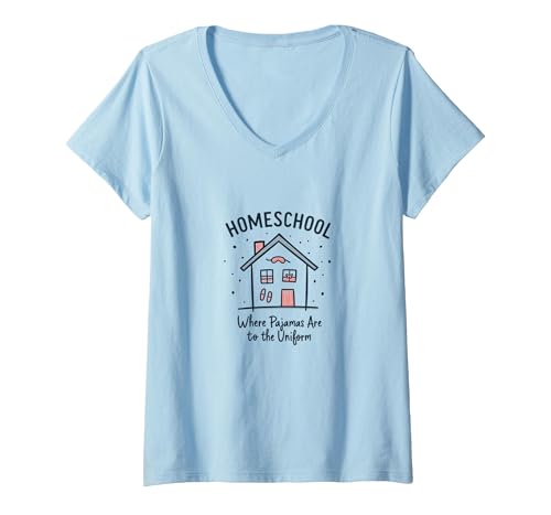 Homeschool Mom: Pyjamas Are The Uniform Lustiges Zitat T-Shirt mit V-Ausschnitt, Damen, Himmelblau, M von Generic