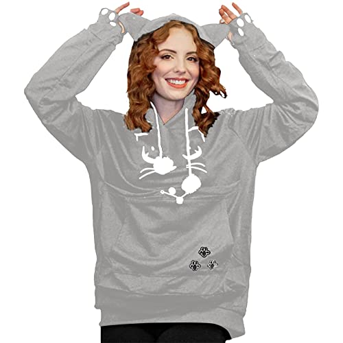Hoodie Damen, Hoodie Damen Langarm Kariert Kapuzenpullover mit Katzen Hund Tasche Hundetasche Katze Oversized Pullover mit Kapuze Katzenpulli Beutel Pulli Frauen Winter Sweatshirt von Generic