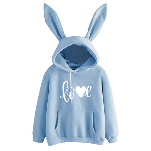 Hoodie Damen, Hoodie Damen Langarm Süßer Hasen Ohren Kapzenpullover Kawaii Pullover mit Kapuze Einfarbig Kordelzug Tasche Sweatshirt Oberteile Casual Pulli Frauen Winter Streetwear von Generic