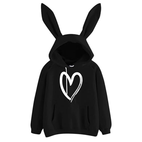 Hoodie Damen, Hoodie Damen Langarm Süßer Hasen Ohren Kapzenpullover Kawaii Pullover mit Kapuze Einfarbig Kordelzug Tasche Sweatshirt Oberteile Casual Pulli Frauen Winter Streetwear von Generic
