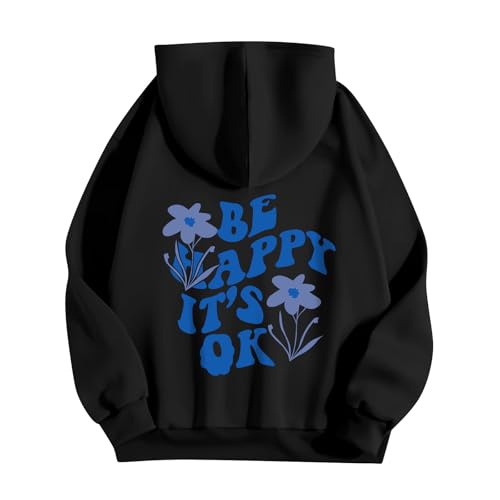 Hoodie Damen Alphabet-Muster Kapuzenpullover Teenager Mädchen Sweatshirt mit Kapuze Vintage Oberteil Locker Retro Baumwolle Pullover,Schwarz,S von Generic