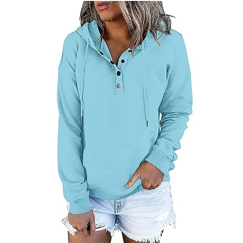 Hoodie Damen Einfarbig Knöpfen Kapuzenpullover Lockere Pullover mit Kordeln Kapuzenpulli mit Tasche Soft Tops Stilvoller Kapuzenjacke Bequemer Oberteile Sport Sweateshirt Kapuzenhoodie Langarmshirt von Generic
