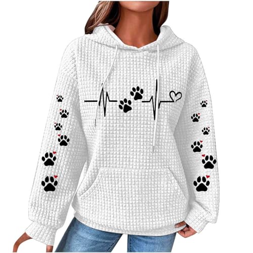 Hoodie Damen Hundepfote Liebesmotiv Sweatshirt Waffel Kapuzenpullover Überschnittene Schultern Bluseshirt Kordelzug Kapuzenpulli mit Taschen Autumn Winter Oberteile Teenager Mädchen Sportshirt von Generic