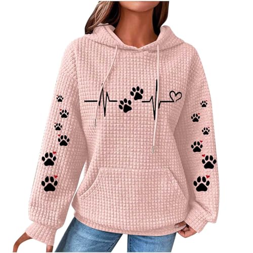 Hoodie Damen Hundepfote Liebesmotiv Sweatshirt Waffel Kapuzenpullover Überschnittene Schultern Bluseshirt Kordelzug Kapuzenpulli mit Taschen Autumn Winter Oberteile Teenager Mädchen Sportshirt von Generic
